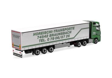 Herpa 320856 - Spur H0 Mercedes-Benz Actros L Gigaspace Gardinenplanen-Sattelzug, Horeischi Transporte