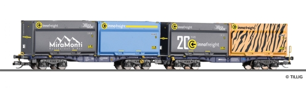 Tillig 15080 - Spur TT Doppeltragwagon InnoWaggon 2x40' mit 4 WoodTainer