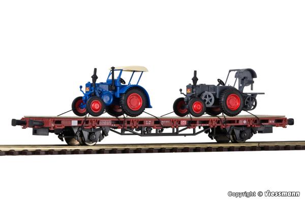 Kibri 26252 - Spur H0 Niederbordwagen mit zwei LANZ Bulldogs, Fertigmodell