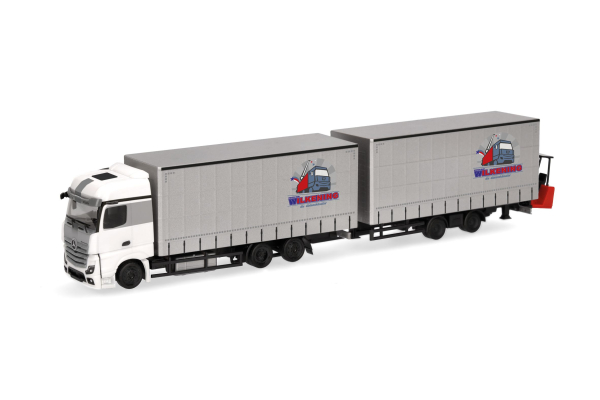 Herpa 319683 - Spur HO Mercedes-Benz Actros Jumbogardinenplanentandem-Hängerzug mit Stapler "Wilkening"