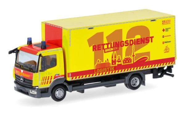 Herpa 099448 - Spur H0 Mercedes-Benz Atego '13 Koffer-LKW mit Ladebordwand, Rettungsdienst Bremen