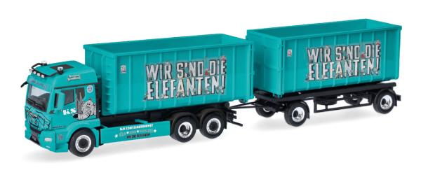 Herpa 321457 - Spur H0 MAN TGS TM Abrollmulden-Hängerzug, türkis