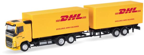 Herpa 321501 - Spur H0 Volvo FH Flachdach 2020 Wechselkoffertandem-Hängerzug "DHL"