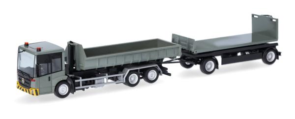 Herpa 321549 - Spur H0 Mercedes-Benz Econic Wechsellader-Hängerzug mit flacher Mulde und Flat, grau-gelb