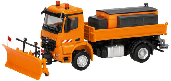 Herpa 321853 - Spur H0 MB Arocs S 18 Dreiseitenkipper-LKW 2achs mit Streuaufbau, kommunalorange