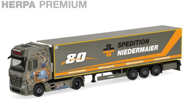 Herpa 952040 - Spur H0 Herpa Premium: Mercedes-Benz Actros '18 L Gigaspace Kühlkoffer-Sattelzug "Niedermaier 80 Jahre"