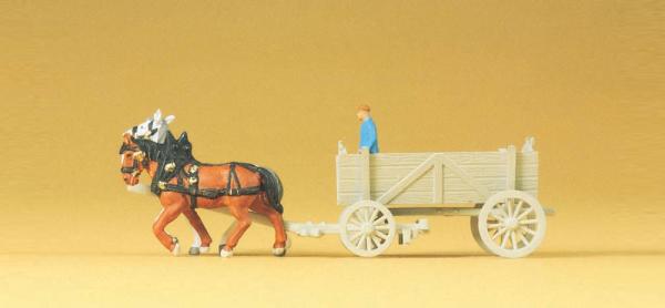 Preiser 79475 - Spur N Gespann 2 Pferde mit Kastenwagen