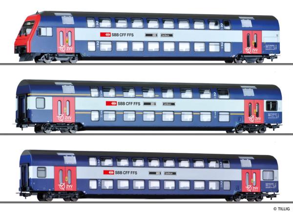 Tillig 70083 - Spur HO 3er Set Doppelstockwagen mit Steuerwagen, SBB, Ep.V-VI