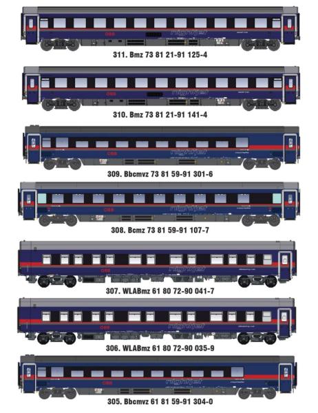 LS Models MW2601DC - Spur H0 7-tlg Set Nachtzugwagen der ÖBB Nightjet, Ep. VI