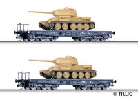 Tillig 01801 - Spur TT 2er Set Schwerlastwagen Ssyms mit Panzern T34/35, DR, Ep.III