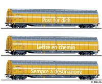 Tillig 01038 - Güterwagenset Schweizer Post PTT,  3 Schiebewandwagen Habbiillnss, SBB