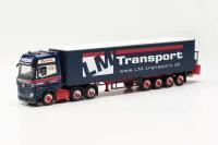Herpa 316330 - MB Actros Bigspace Gardinenplanen-Sattelzug mit Heckstapler "Leif Møller"