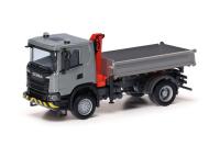 Herpa 318051 - Spur HO Scania XT17 3-Seitenkipper mit Ladekran, grau/gelb