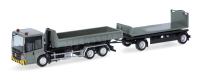 Herpa 321549 - Spur H0 Mercedes-Benz Econic Wechsellader-Hängerzug mit flacher Mulde und Flat, grau-gelb